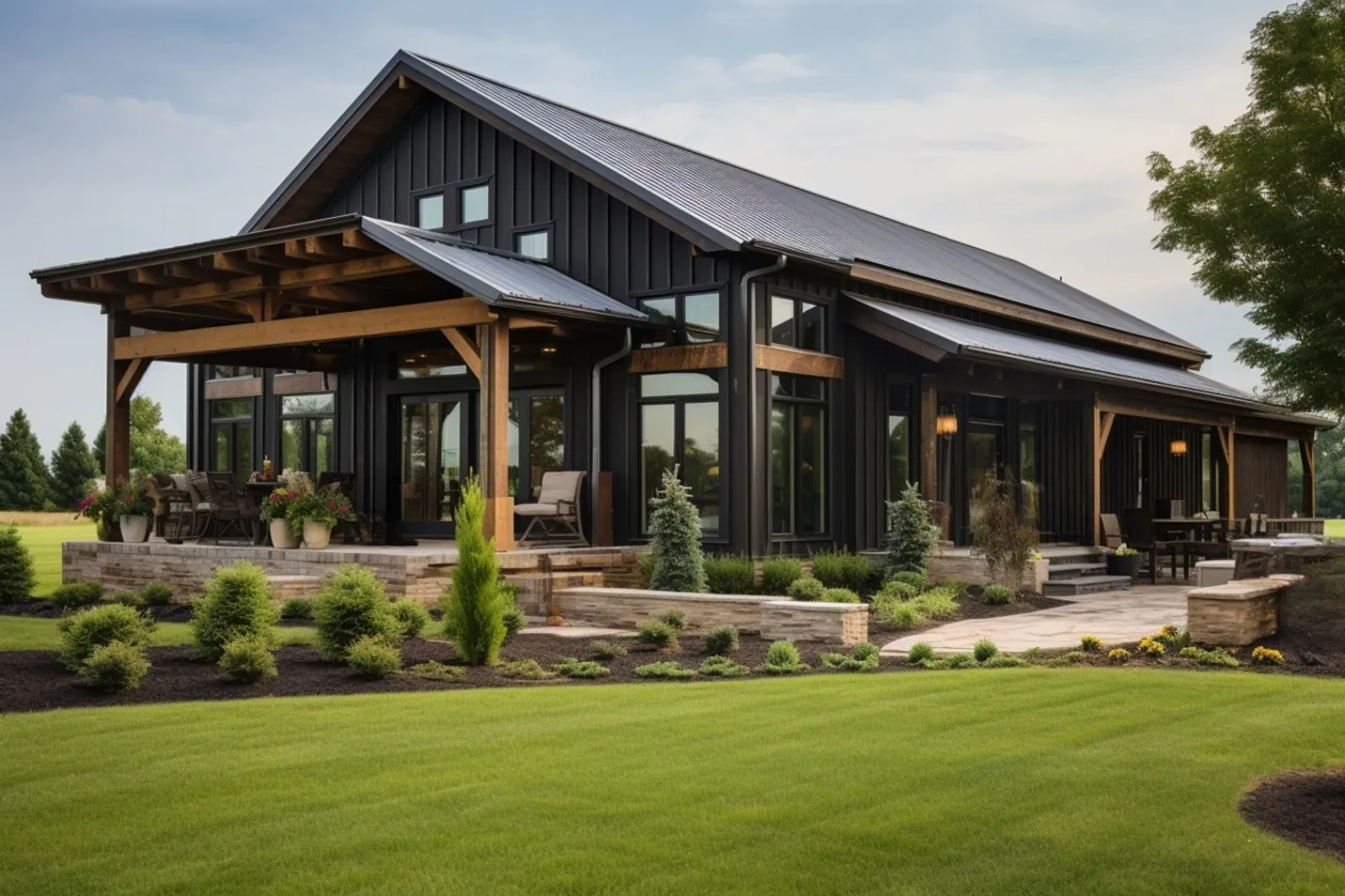A modern barndominium with black board-and-batten siding, a dark standing-seam metal roof, exposed timber porch posts, and tall black-framed windows overlooking a landscaped lawn